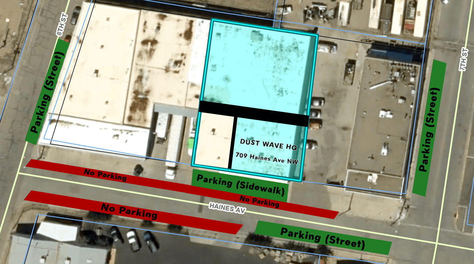 Parking map for the Dust Wave Microcinema showing no parking directly in front on Haines Avenue and allowed parking across the street and on 7th and 8th Streets