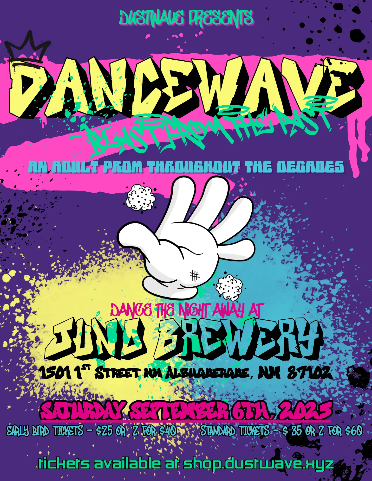 Dancewave: Blast From the Past event poster for an adult prom at Juno Brewery on September 6, 2025