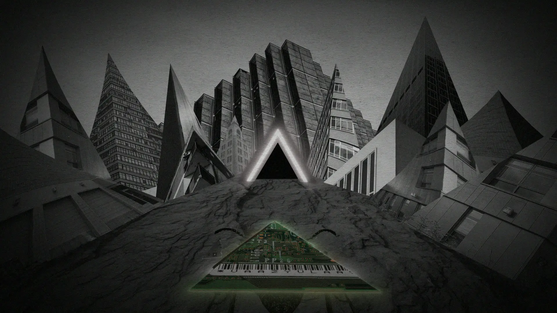 A pyramid-shaped keyboard approaches a monochrome geometric city