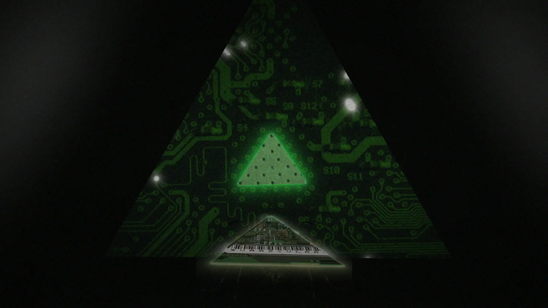 A glowing circuit-board pyramid hovers above a keyboard