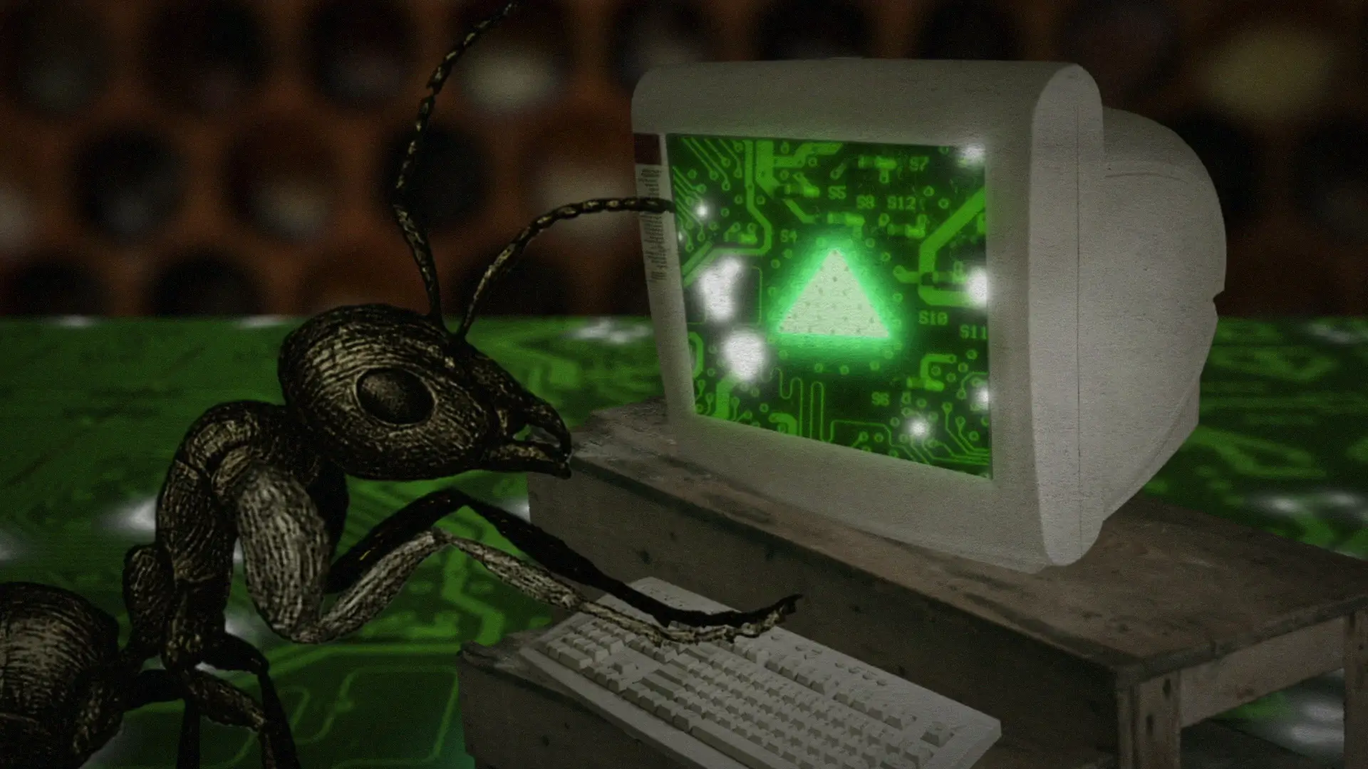 An insect operates a computer displaying a glowing green triangle