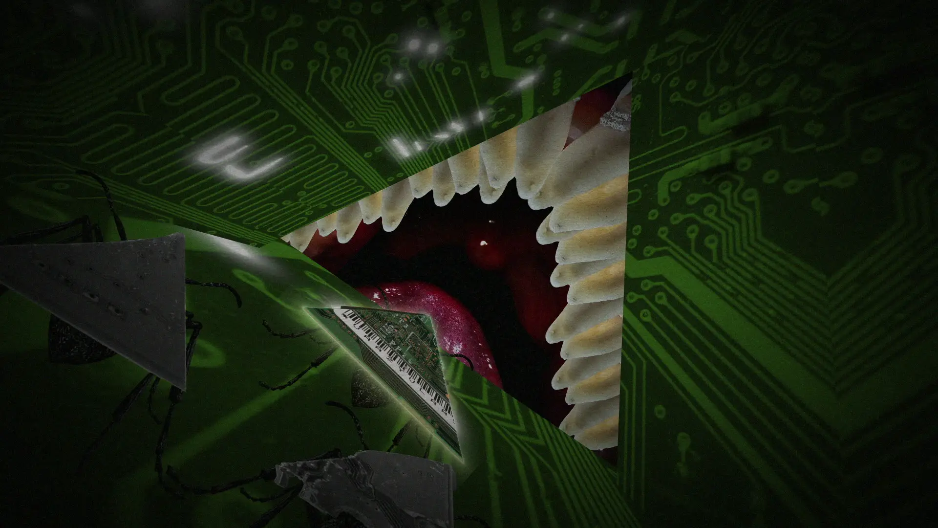 A triangular opening reveals an enormous mouth and tongue
