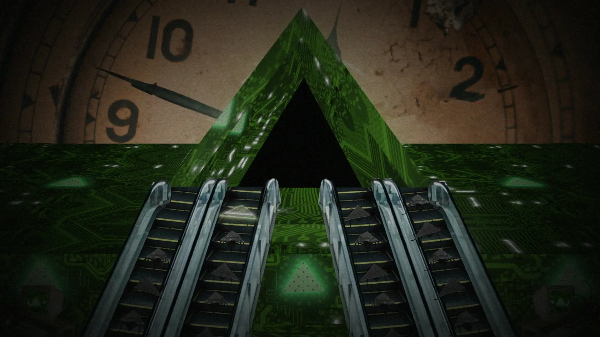 Metallic escalators rise toward a triangular opening against a giant clock face