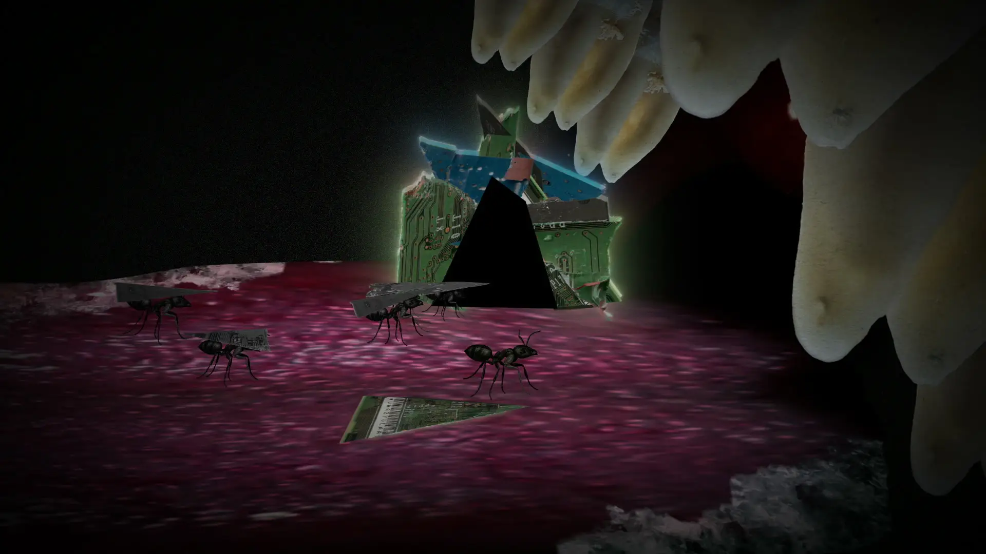 Pyramid figures and insects gather inside a cavernous mouth