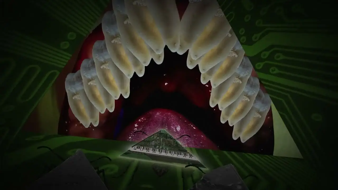 A surreal animated mouth surrounding a pyramid-shaped keyboard figure